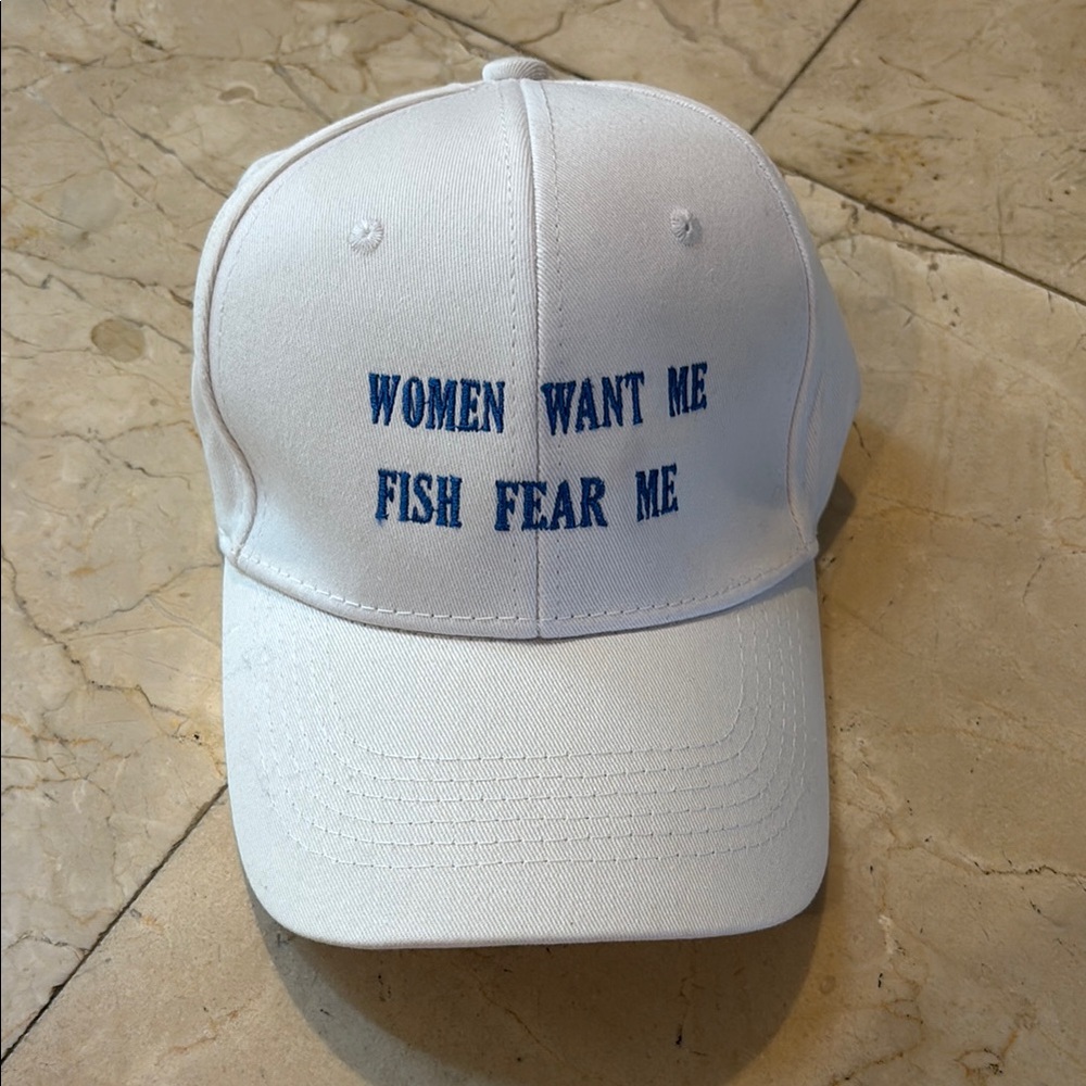 White Cap with Blue Embroidery